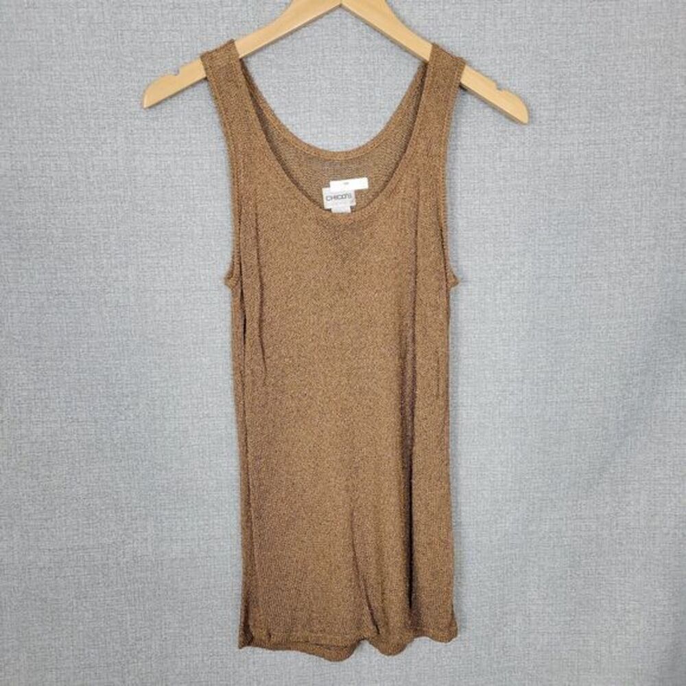 Chicos Sweater Tank Size 1 Medium Open Knit See Through Cover Up Brown